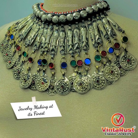 Handmade Choker Necklace, Long Dangling Tassels Fish Motif Necklace - Picture 6 of 14